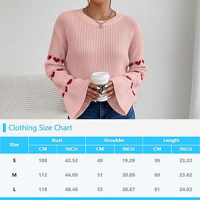 Women's Cozy Knit Sweater Cute Hearts Long Sleeve Crew Neck Pullover Sweaters Tops