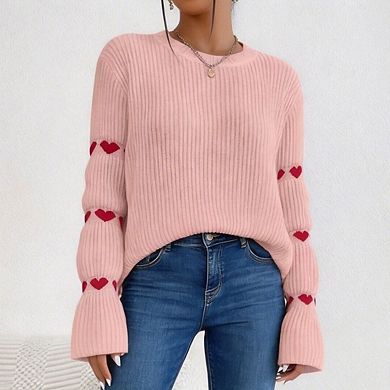 Women's Cozy Knit Sweater Cute Hearts Long Sleeve Crew Neck Pullover Sweaters Tops