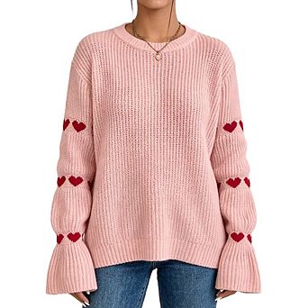 Women's Cozy Knit Sweater Cute Hearts Long Sleeve Crew Neck Pullover Sweaters Tops