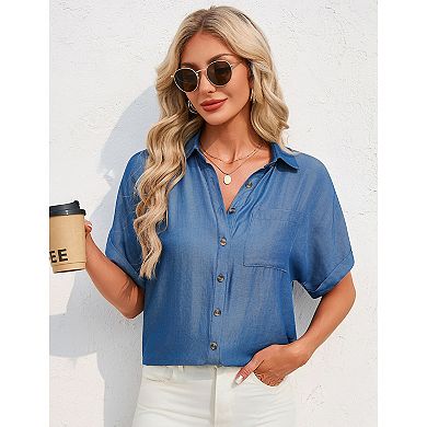 WomenLoose Collared Shirt Roll Up Short Sleeve Top