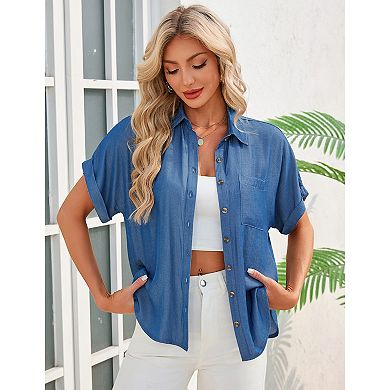 WomenLoose Collared Shirt Roll Up Short Sleeve Top