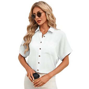 WomenLoose Collared Shirt Roll Up Short Sleeve Top