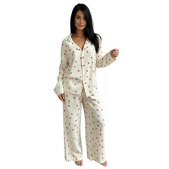Women's Muslin Heart Print Pajama Set, Long Sleeve Button-Down Top and Wide-Leg Pants