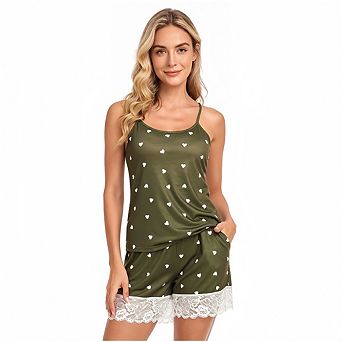 Women 2 pc Pajama Set Adjustable Spaghetti Strap Cami Top Lace Trim Shorts Soft Sleep Loungewear
