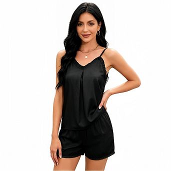 Women Ruffle V Neck Cami Pajama Set Spaghetti Strap Pleated Tank Top Fringe Shorts Soft Loungewear
