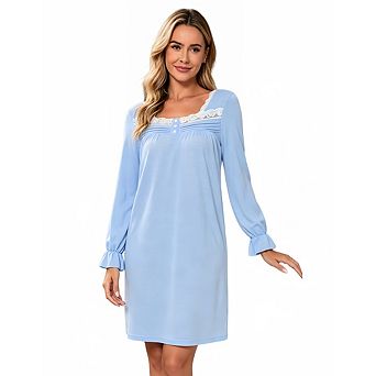 Women Long Sleeve Nightgown Square Neck Lace Trim Pleated Button Front Ruffle Cuff Soft Sleep Dress