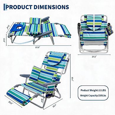 2 Pack 5 Position Lay Flat Folding Beach Chair with Backpack Straps