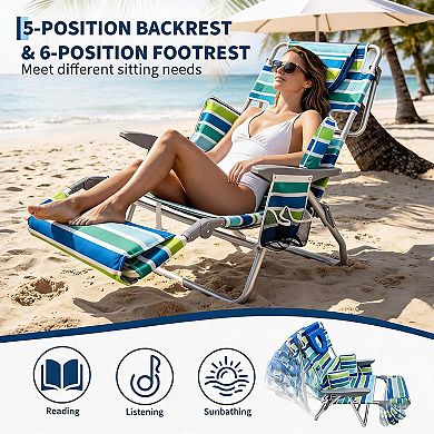 2 Pack 5 Position Lay Flat Folding Beach Chair with Backpack Straps