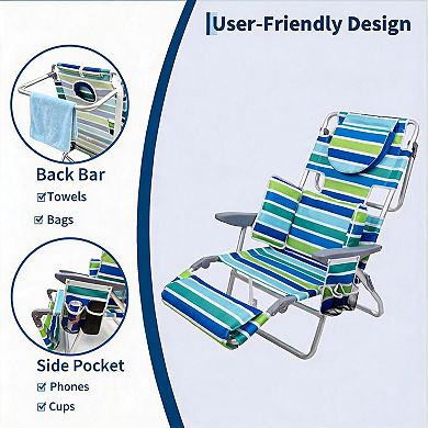 2 Pack 5 Position Lay Flat Folding Beach Chair with Backpack Straps