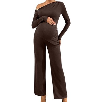 Women's Maternity 2 Piece Outfits Asymmetrical Top and Pants Matching Sets