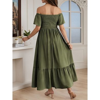 Women's Maternity Off Shoulder A Line Flowy Split Vacation Dresses