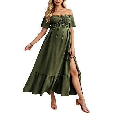 Women's Maternity Off Shoulder A Line Flowy Split Vacation Dresses