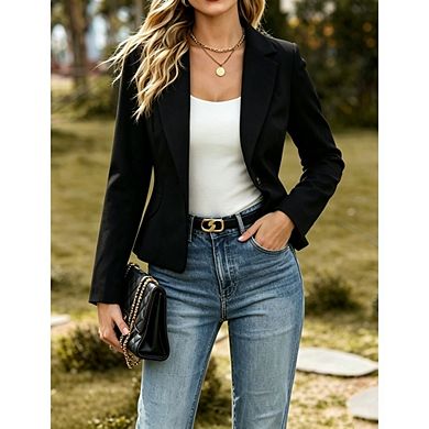 Women's Notched Lapel Single Button Cropped Blazer Dressy Casual Fitted Office Suit Jacket