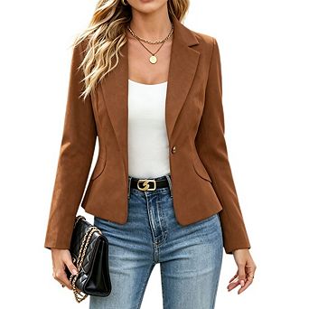 Women's Notched Lapel Single Button Cropped Blazer Dressy Casual Fitted Office Suit Jacket
