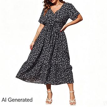 Women Plus Size V Neck Wrap Maxi Short Sleeves High Waist Ruffle Summer Casual Dress with Belt