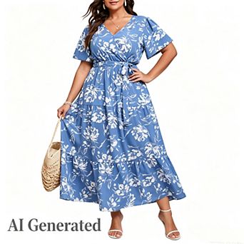 Women Plus Size V Neck Wrap Maxi Short Sleeves High Waist Ruffle Summer Casual Dress with Belt