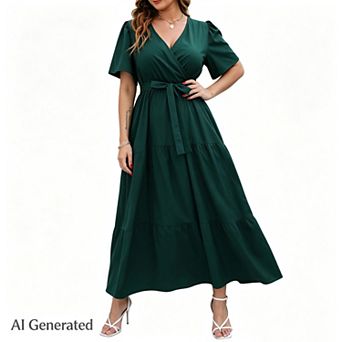Women Plus Size V Neck Wrap Maxi Short Sleeves High Waist Ruffle Summer Casual Dress with Belt