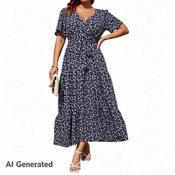 Women Plus Size V Neck Wrap Maxi Short Sleeves High Waist Ruffle Summer Casual Dress with Belt