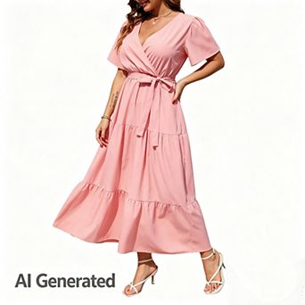 Women Plus Size V Neck Wrap Maxi Short Sleeves High Waist Ruffle Summer Casual Dress with Belt
