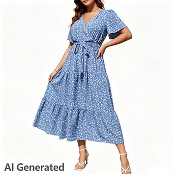 Women Plus Size V Neck Wrap Maxi Short Sleeves High Waist Ruffle Summer Casual Dress with Belt