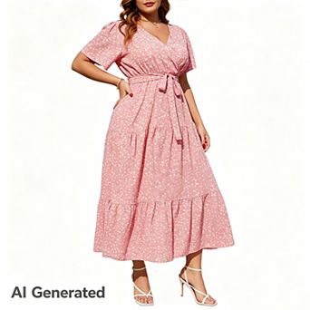 Women Plus Size V Neck Wrap Maxi Short Sleeves High Waist Ruffle Summer Casual Dress with Belt