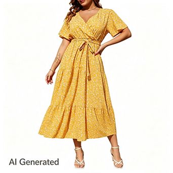Women Plus Size V Neck Wrap Maxi Short Sleeves High Waist Ruffle Summer Casual Dress with Belt