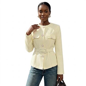 Womens Cropped Tweed Blazers Jacket Collarless Button Down Business Casual Coats with Belt