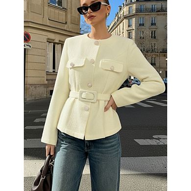 Womens Cropped Tweed Blazers Jacket Collarless Button Down Business Casual Coats with Belt