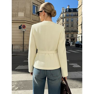 Womens Cropped Tweed Blazers Jacket Collarless Button Down Business Casual Coats with Belt