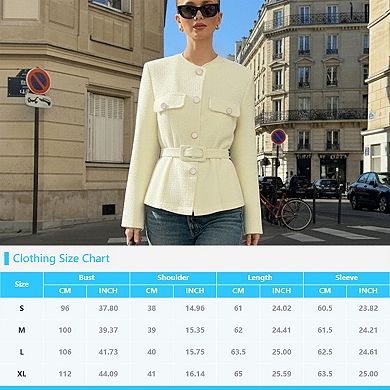 Womens Cropped Tweed Blazers Jacket Collarless Button Down Business Casual Coats with Belt