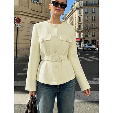 Womens Cropped Tweed Blazers Jacket Collarless Button Down Business Casual Coats with Belt