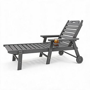 HDPE Wood Grain Outdoor Lounge Chair 5 Position Backrest Wheels Cup Holder