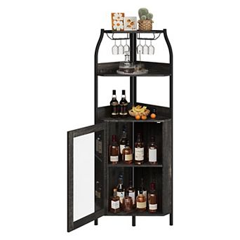 Corner Bar Cabinet with LED Lights & Outlet - Freestanding Wine Rack with Glass Door