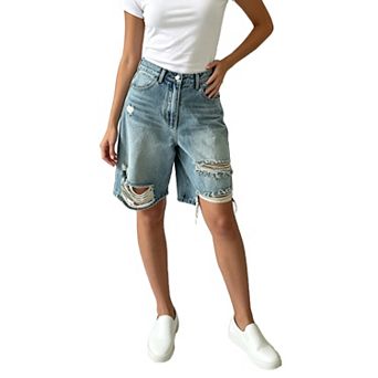 Women High Waist Baggy Denim Shorts Distressed Ripped Raw Hem Straight Leg Jean Shorts