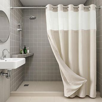 No Hooks Textured Polyester Shower Curtain with Snap‑in Fabric Liner Set, Hotel Bathroom Curtain