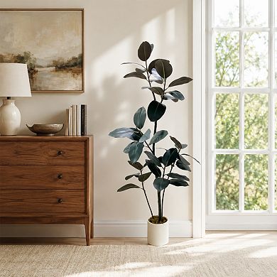 1Pc Artificial rubber tree simulation tree, with pot Large indoor simulation plant, realistic branch