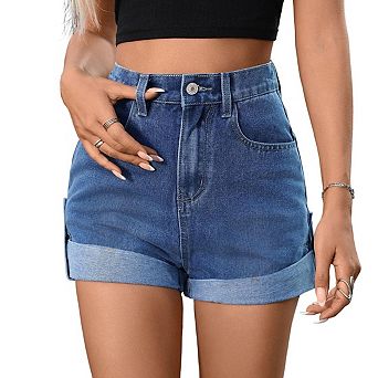 Women Denim Shorts High Waist Cuffed Hem Relaxed Fit Casual Summer Daily Jean Bottoms