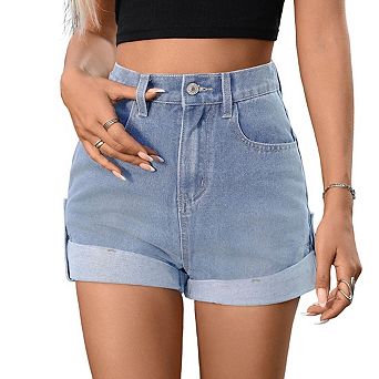 Women Denim Shorts High Waist Cuffed Hem Relaxed Fit Casual Summer Daily Jean Bottoms