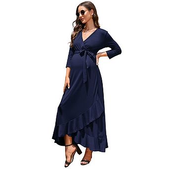 Women Maternity Formal 3/4 Sleeves Wrap V Neck High Low Ruffle Cocktail Wedding Guest Maxi Dress