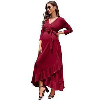 Women Maternity Formal 3/4 Sleeves Wrap V Neck High Low Ruffle Cocktail Wedding Guest Maxi Dress