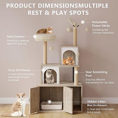 Integrated Cat Tree with Litter Box Enclosure Modern Pet Furniture Tower Scratching Post