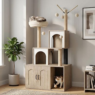Integrated Cat Tree with Litter Box Enclosure Modern Pet Furniture Tower Scratching Post