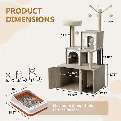 Integrated Cat Tree with Litter Box Enclosure Modern Pet Furniture Tower Scratching Post