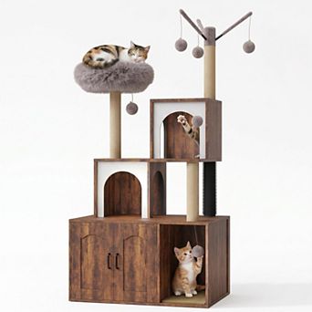 Integrated Cat Tree with Litter Box Enclosure Modern Pet Furniture Tower Scratching Post