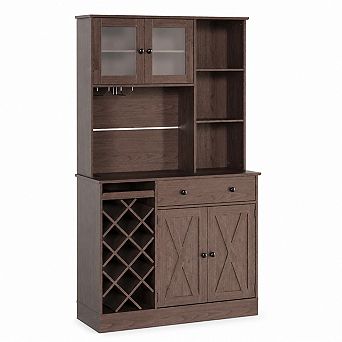Tall Wine Bar Cabinet with Acrylic Doors, Glass Holder, Wine Rack, Built-In Outlets