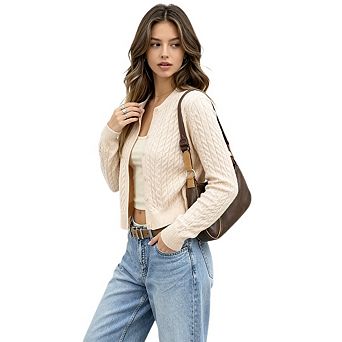 Womens Long Sleeve Button Up Cable Knit Cardigan Lightweight Crew Neck Button Down Sweaters