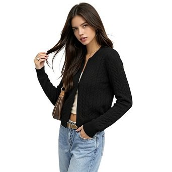 Womens Long Sleeve Button Up Cable Knit Cardigan Lightweight Crew Neck Button Down Sweaters