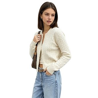 Womens Long Sleeve Button Up Cable Knit Cardigan Lightweight Crew Neck Button Down Sweaters
