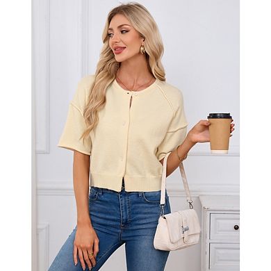 Womens Short Sleeve Knit Cardigan Sweaters Cropped Button Down Crew Neck Solid Color Sweater