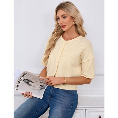 Womens Short Sleeve Knit Cardigan Sweaters Cropped Button Down Crew Neck Solid Color Sweater